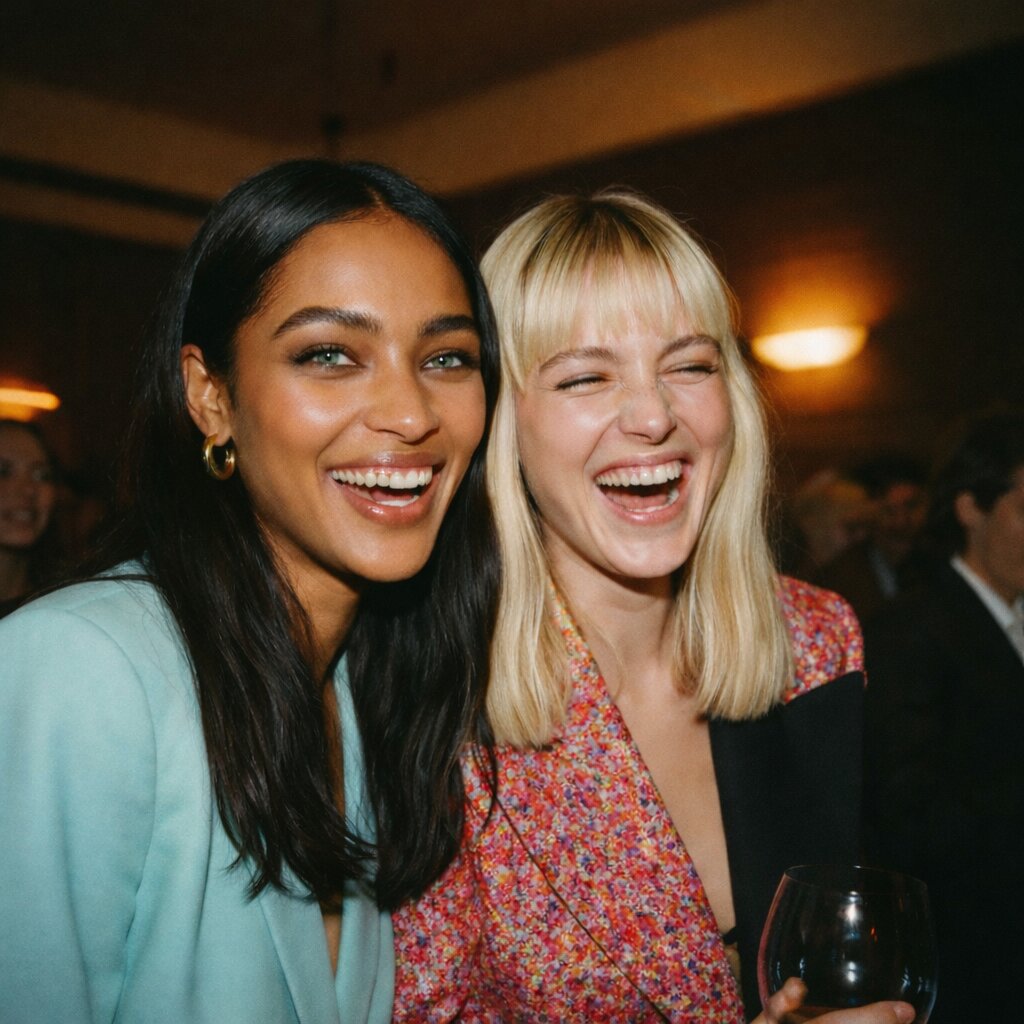 Two friends laughing together at a social event, warm flash-lit candid portrait
